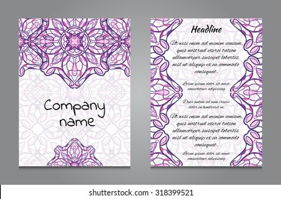 Brochure design with vintage symmetric ornament. Vector template