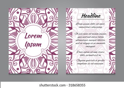 Brochure design with vintage symmetric ornament. Vector template
