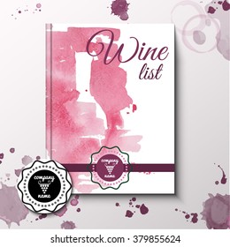 Brochure design wine list cover with hand hand-drawn watercolor background. Image of glass, bottles. Stock vector.