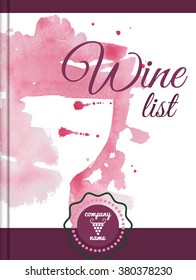 Brochure design wine list cover with hand hand-drawn watercolor background. Image of glass, bottles. Stock vector.
