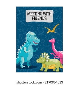 Brochure designs with cute dino. Colored smiling dinosaurs on blue background. Creatures and fossil reptiles concept. Template for promotional leaflet or flyer