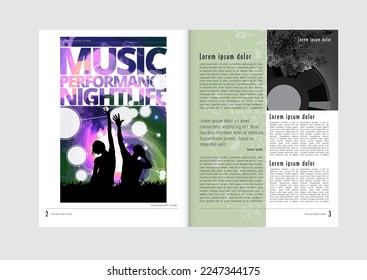 Brochure, e-book or presentation mockup with music event subject, vector illustration easy to editable