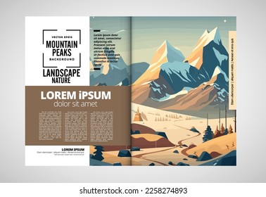 Brochure, ebook or presentation mockup ready for use, vector illustration with flat style background. Mountain background at cartoon style.  