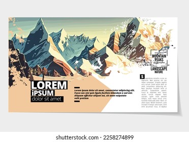 Brochure, ebook or presentation mockup ready for use, vector illustration with flat style background. Mountain background at cartoon style.  