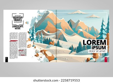 Brochure, ebook or presentation mockup ready for use, vector illustration with flat style background. Mountain background at cartoon style.  