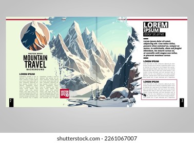 Brochure, ebook or presentation mockup ready for use, vector illustration with flat style background. Mountain background at cartoon style. 