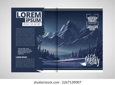 Brochure, ebook or presentation mockup ready for use, vector illustration with flat style background. Mountain background at cartoon style.  