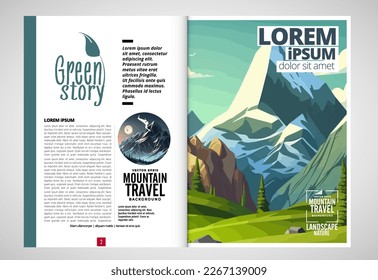 Brochure, ebook or presentation mockup ready for use, vector illustration with flat style background. Mountain background at cartoon style.  