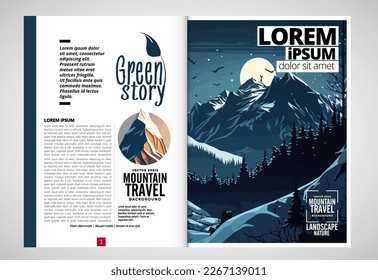 Folleto, ebook o simulación de presentación lista para su uso, ilustración vectorial con fondo de estilo plano. Fondo de montaña al estilo de las caricaturas.  