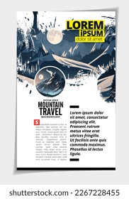 Folleto, ebook o simulación de presentación lista para su uso, ilustración vectorial con fondo de estilo plano. Fondo de montaña al estilo de las caricaturas.  
