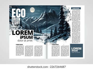 Folleto, ebook o simulación de presentación lista para su uso, ilustración vectorial con fondo de estilo plano. Fondo de montaña al estilo de las caricaturas.  