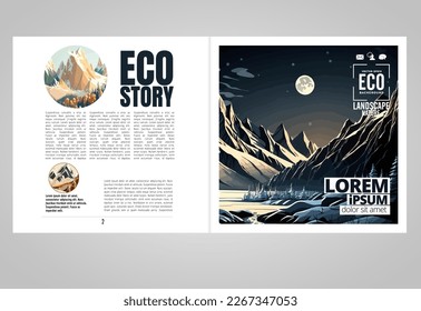 Brochure, ebook or presentation mockup ready for use, vector illustration with flat style background. Mountain background at cartoon style.  