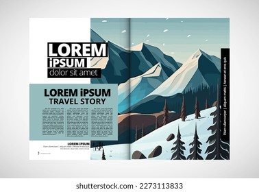 Brochure, ebook or presentation mockup ready for use, vector illustration with flat style background. Mountain background at cartoon style.  