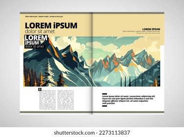Brochure, ebook or presentation mockup ready for use, vector illustration with flat style background. Mountain background at cartoon style.  