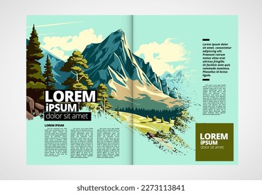 Brochure, ebook or presentation mockup ready for use, vector illustration with flat style background. Mountain background at cartoon style.  