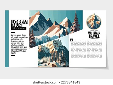 Brochure, ebook or presentation mockup ready for use, vector illustration with flat style background. Mountain background at cartoon style.  