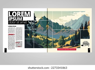 Brochure, ebook or presentation mockup ready for use, vector illustration with flat style background. Mountain background at cartoon style.  