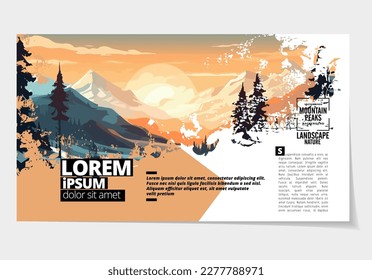 Brochure, ebook or presentation mockup ready for use, vector illustration with flat style background. Mountain background at cartoon style.
