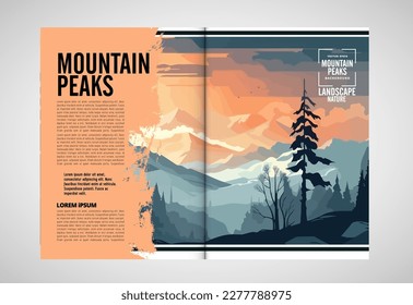 Folleto, ebook o simulación de presentación lista para su uso, ilustración vectorial con fondo de estilo plano. Fondo de montaña al estilo de las caricaturas.