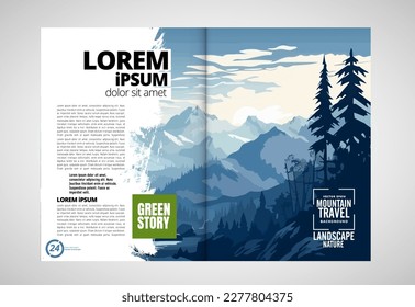 Brochure, ebook or presentation mockup ready for use, vector illustration with flat style background. Mountain background at cartoon style.  