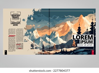 Brochure, ebook or presentation mockup ready for use, vector illustration with flat style background. Mountain background at cartoon style.  
