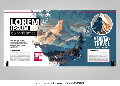 Brochure, ebook or presentation mockup ready for use, vector illustration with flat style background. Mountain background at cartoon style.  