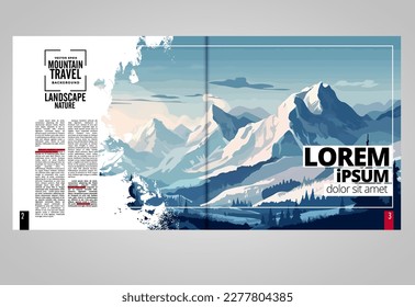 Brochure, ebook or presentation mockup ready for use, vector illustration with flat style background. Mountain background at cartoon style.  