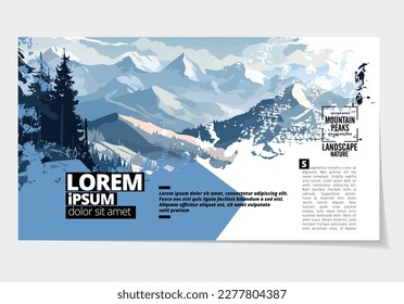 Brochure, ebook or presentation mockup ready for use, vector illustration with flat style background. Mountain background at cartoon style.  