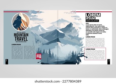 Brochure, ebook or presentation mockup ready for use, vector illustration with flat style background. Mountain background at cartoon style.  