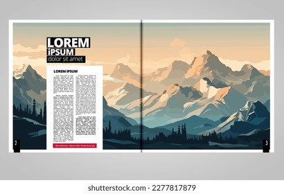 Brochure, ebook or presentation mockup ready for use, vector illustration with flat style background. Mountain background at cartoon style.  