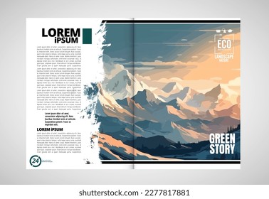 Brochure, ebook or presentation mockup ready for use, vector illustration with flat style background. Mountain background at cartoon style.  