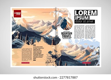 Brochure, ebook or presentation mockup ready for use, vector illustration with flat style background. Mountain background at cartoon style.  