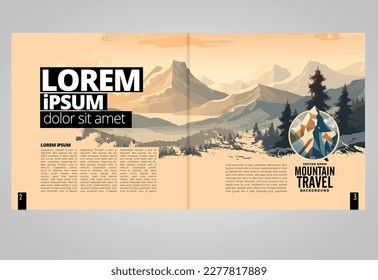 Folleto, ebook o simulación de presentación lista para su uso, ilustración vectorial con fondo de estilo plano. Fondo de montaña al estilo de las caricaturas.  