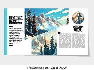 Brochure, ebook or presentation mockup ready for use, vector illustration with flat style background. Mountain background at cartoon style. 