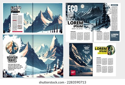 Brochure, ebook or presentation mockup ready for use, vector illustration with flat style background. Mountain background at cartoon style. 