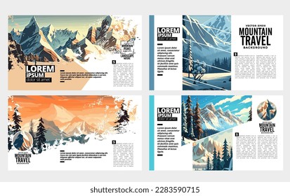 Brochure, ebook or presentation mockup ready for use, vector illustration with flat style background. Mountain background at cartoon style. 