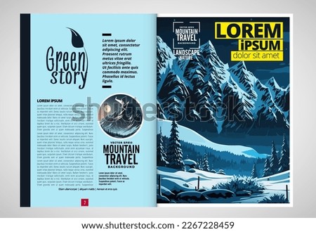 Brochure, ebook or presentation mockup ready for use, vector illustration with flat style background. Mountain background at cartoon style.  