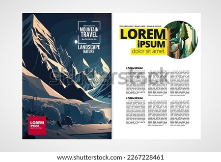 Brochure, ebook or presentation mockup ready for use, vector illustration with flat style background. Mountain background at cartoon style.  