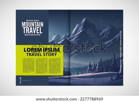 Brochure, ebook or presentation mockup ready for use, vector illustration with flat style background. Mountain background at cartoon style.