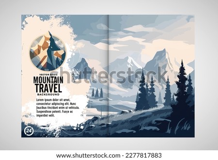 Brochure, ebook or presentation mockup ready for use, vector illustration with flat style background. Mountain background at cartoon style.  