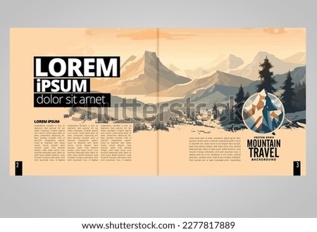 Brochure, ebook or presentation mockup ready for use, vector illustration with flat style background. Mountain background at cartoon style.  