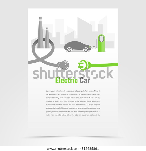 Brochure electric car template design cover,\
flyer print size A4 booklet business report, silhouette car and\
cable plug charging city\
background