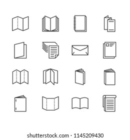 Brochure flat line icons. Business identity illustrations - letterhead, booklet, flyer, leaflet, corporate catalogue, envelope. Thin signs for print shop. Pixel perfect 64x64. Editable Strokes. - Shutterstock ID 1145209430