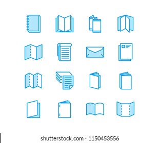 Brochure flat line icons. Business identity vector illustrations - letterhead, booklet, flyer, leaflet, corporate catalogue, envelope. 