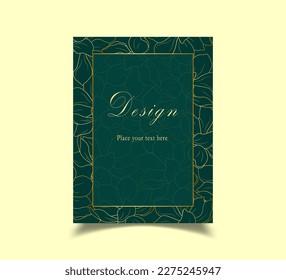 Brochure with floral gold decoration on green background with space for text. Template for posters, invitations, banners, social media stories and posts in a minimalist style. Vector illustration.