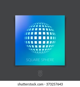 Brochure, flyer with 3D sphere of geometric rectangular shapes on blue blurred background. Vector illustration.
