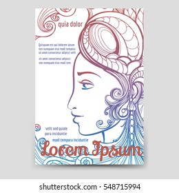 Brochure or flyer banner template with colorful woman face. Vector illustration
