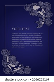 Brochure, flyer, banner template with traditional Japanese eastern ornament. Oriental waves and koi fish drawings. Blank with decorative pattern and space for text. Vector illustration