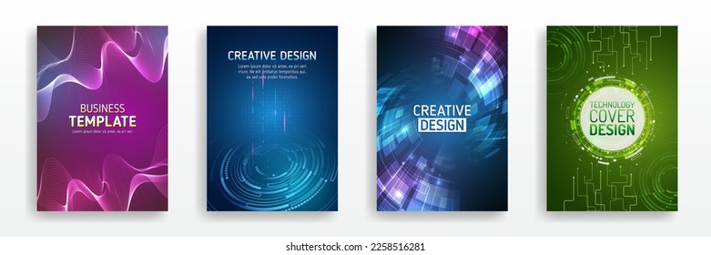 Brochure, flyer, book, annual report. Blue hi-tech vector illustrations for business presentations. Futuristic business posters. Technology covers corporate documents. Layout template science designs.