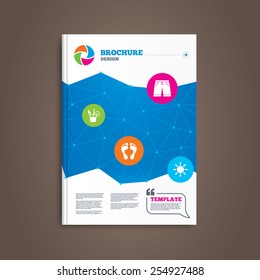 Brochure or flyer design. Beach holidays icons. Cocktail, human footprints and swimming trunks signs. Summer sun symbol. Book template. Vector